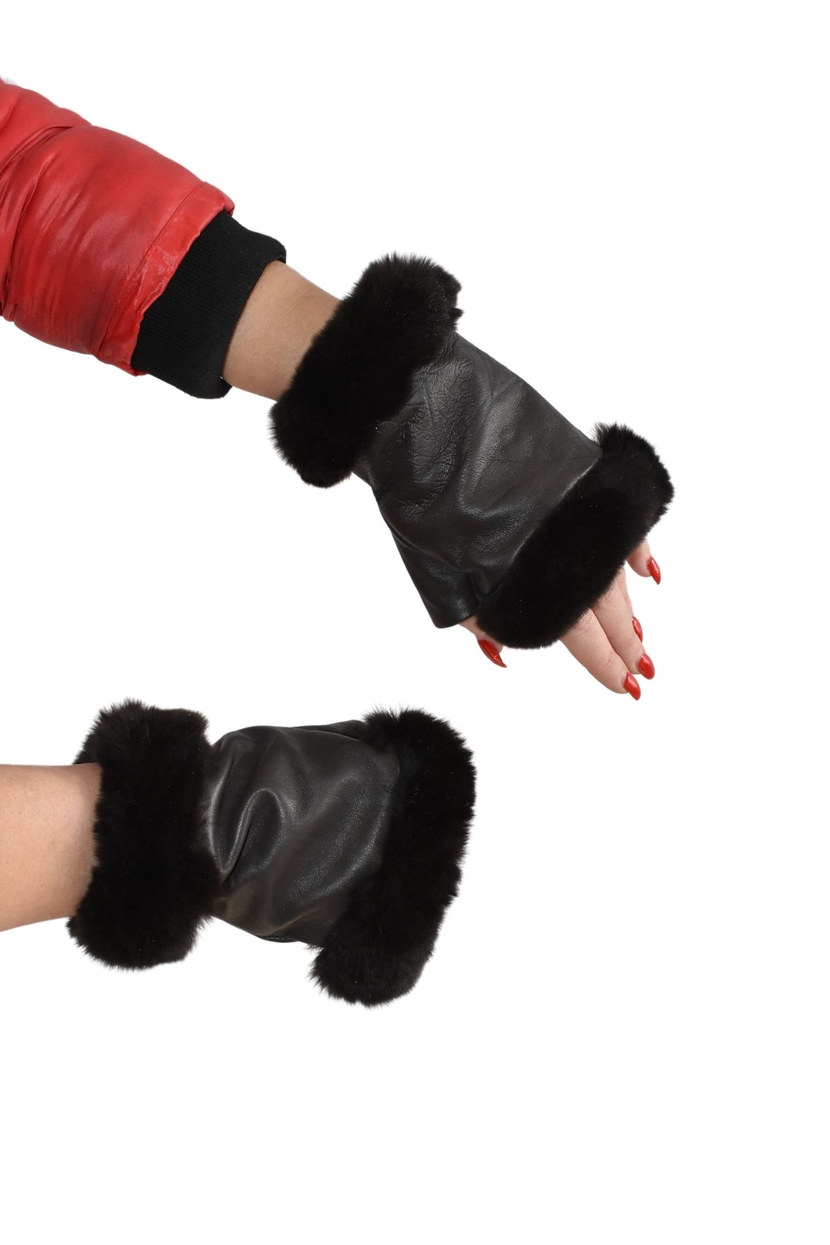 Leather Fingerless Gloves  | Renuine Leather Gloves  | Women Gloves  | Rex rabbit Fur  Gloves | Brown  Gloves | Valentine Gift