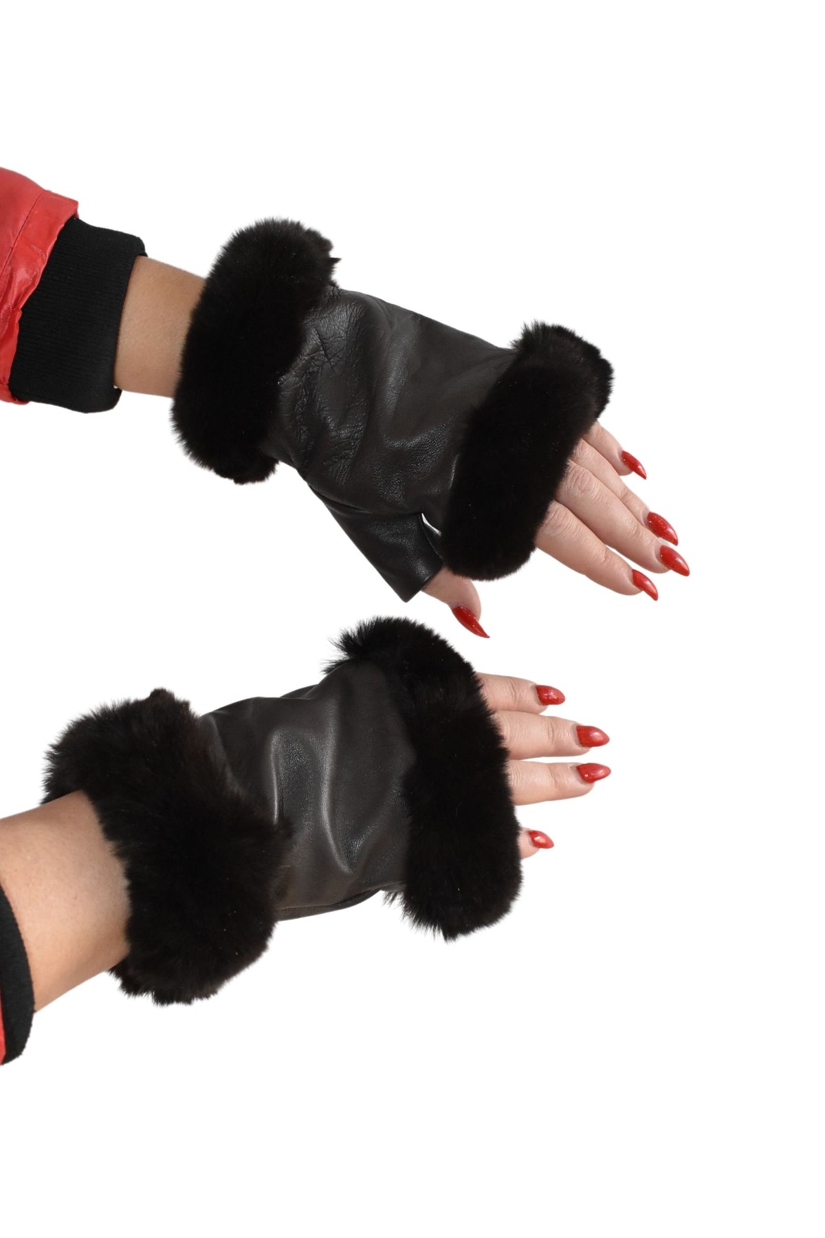 Leather Fingerless Gloves  | Renuine Leather Gloves  | Women Gloves  | Rex rabbit Fur  Gloves | Brown  Gloves | Valentine Gift