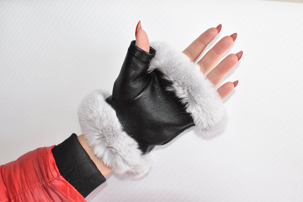 Leather Fingerless Gloves  | Renuine Leather Gloves  | Women Gloves  | Rex rabbit Fur  Gloves | Black  Gloves | Valentine Gift