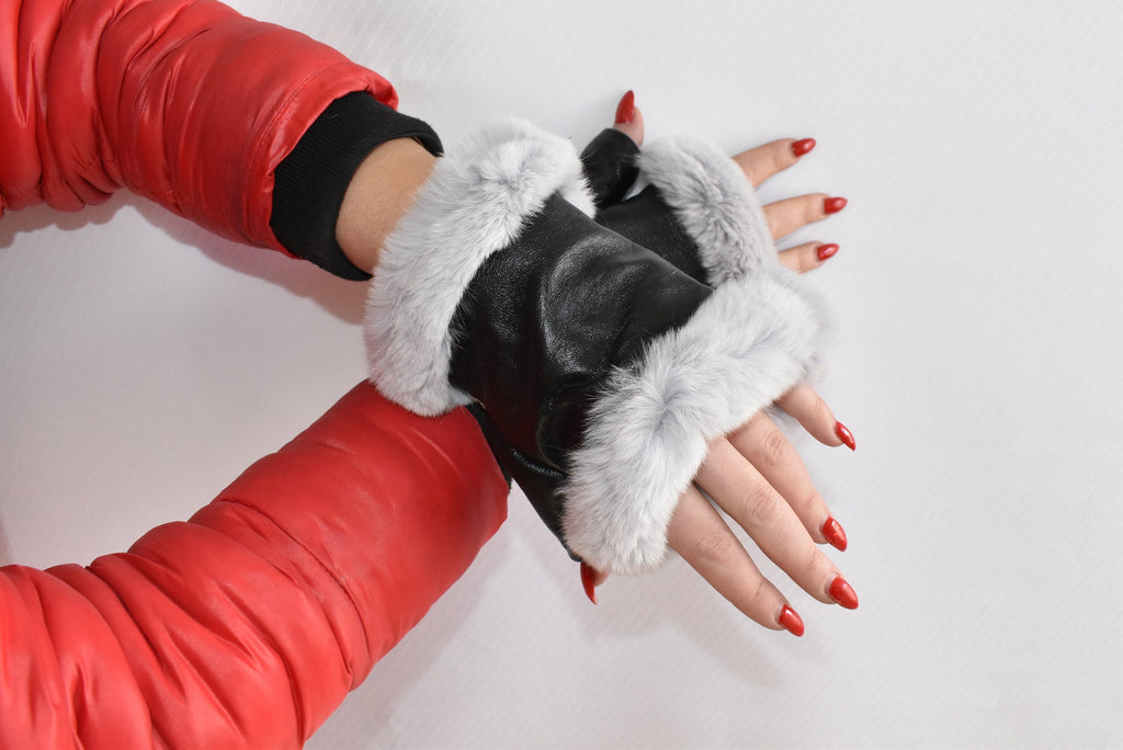 Leather Fingerless Gloves  | Renuine Leather Gloves  | Women Gloves  | Rex rabbit Fur  Gloves | Black  Gloves | Valentine Gift