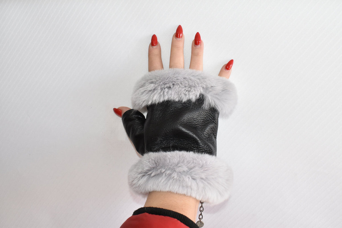 Leather Fingerless Gloves  | Renuine Leather Gloves  | Women Gloves  | Rex rabbit Fur  Gloves | Black  Gloves | Valentine Gift