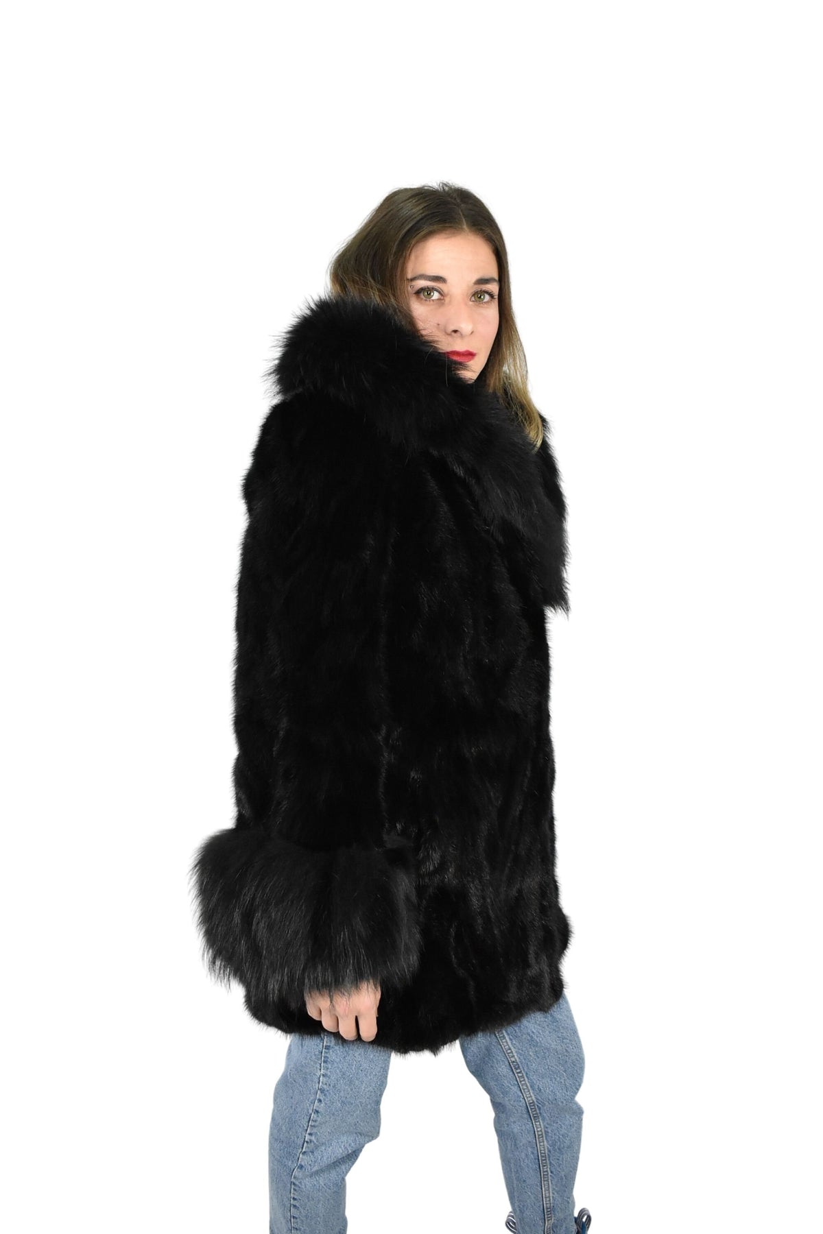 Mink Jacket With Fox Fur Collar  | Black Mink Jacket | Fox Fur Collar | Premium Real Mink Fur Pelt | Luxury Fur Gift For Women