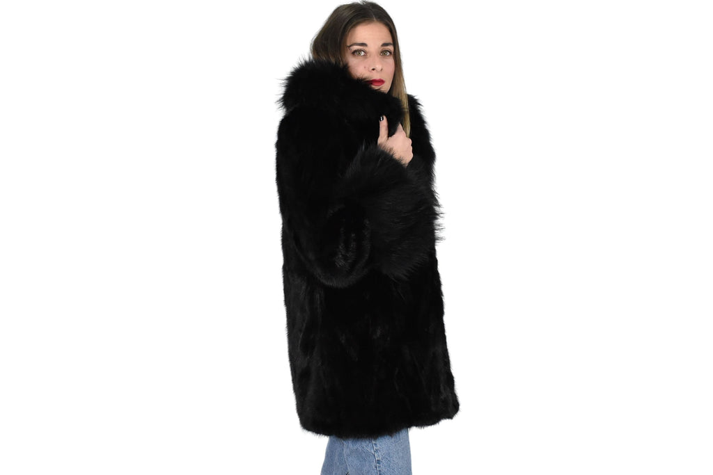 Mink Jacket With Fox Fur Collar  | Black Mink Jacket | Fox Fur Collar | Premium Real Mink Fur Pelt | Luxury Fur Gift For Women