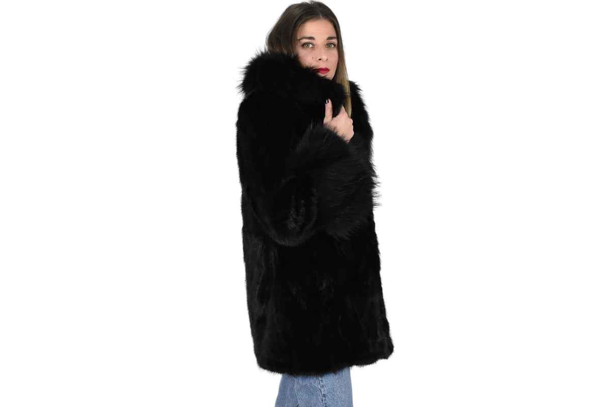 Mink Jacket With Fox Fur Collar  | Black Mink Jacket | Fox Fur Collar | Premium Real Mink Fur Pelt | Luxury Fur Gift For Women