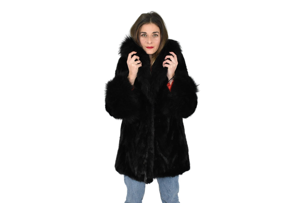 Mink Jacket With Fox Fur Collar  | Black Mink Jacket | Fox Fur Collar | Premium Real Mink Fur Pelt | Luxury Fur Gift For Women