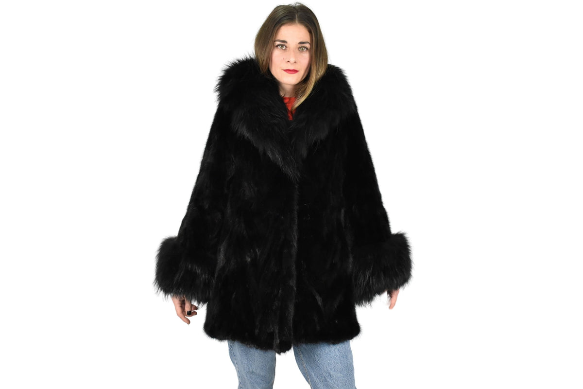 Mink Jacket With Fox Fur Collar  | Black Mink Jacket | Fox Fur Collar | Premium Real Mink Fur Pelt | Luxury Fur Gift For Women