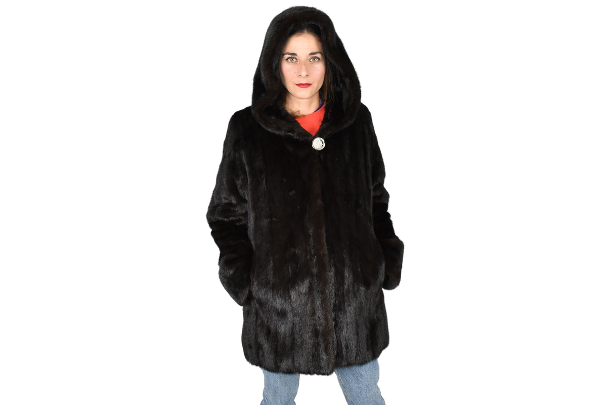 Mink Jacket With Hood | Full Skin Natural Mink Fur | Black Mink Jacket | Luxury gift for her.