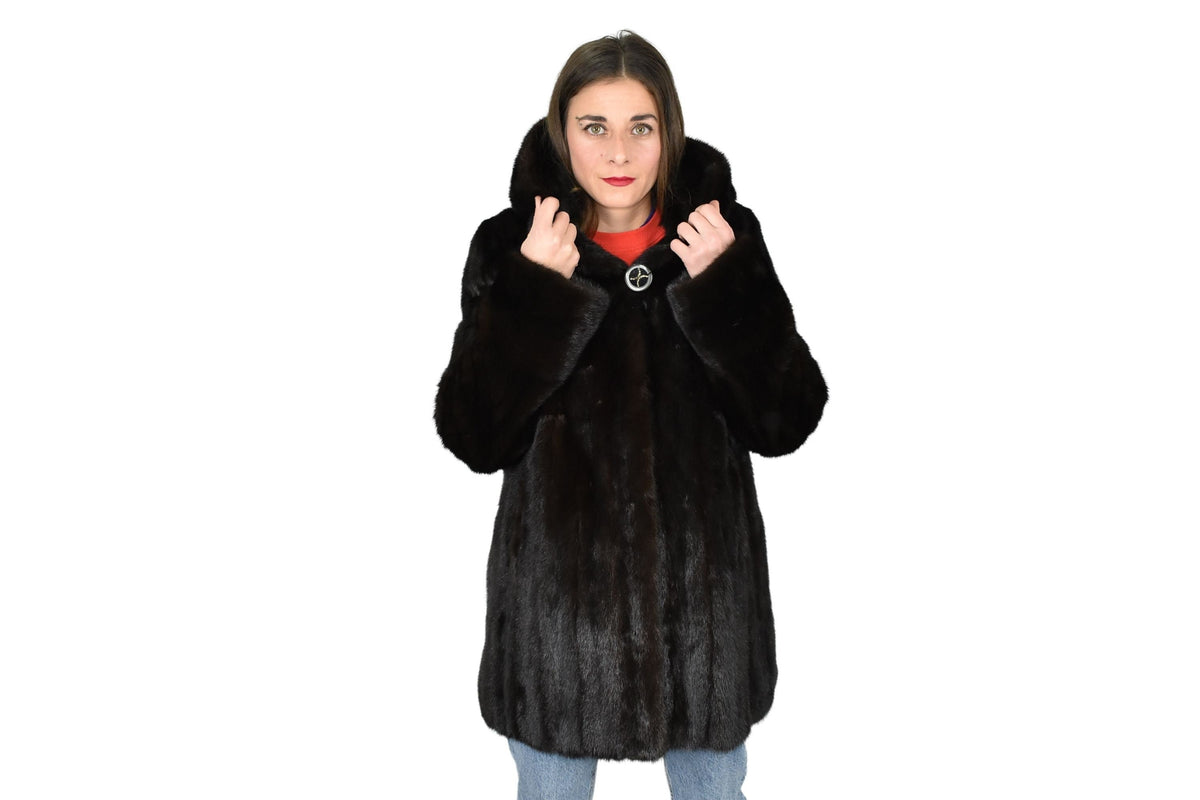 Mink Jacket With Hood | Full Skin Natural Mink Fur | Black Mink Jacket | Luxury gift for her.