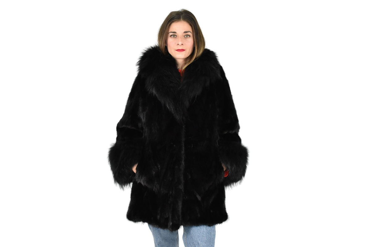 Mink Jacket With Fox Fur Collar  | Black Mink Jacket | Fox Fur Collar | Premium Real Mink Fur Pelt | Luxury Fur Gift For Women