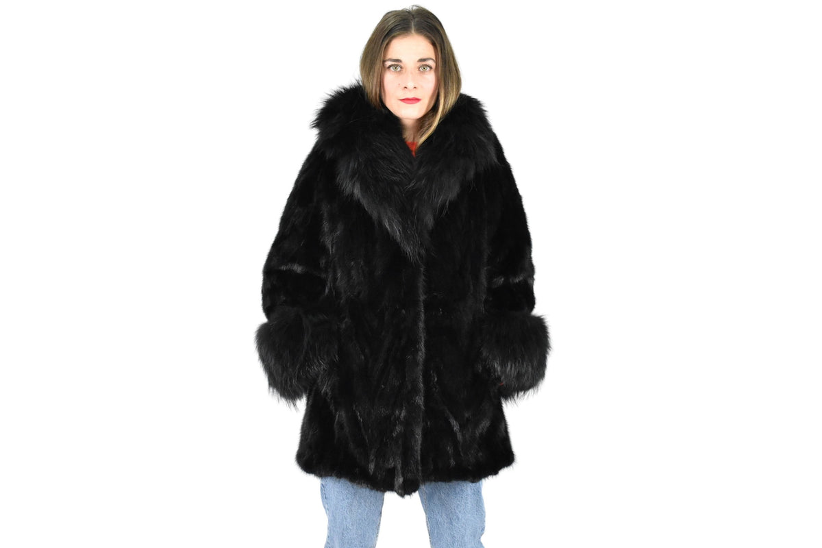 Mink Jacket With Fox Fur Collar  | Black Mink Jacket | Fox Fur Collar | Premium Real Mink Fur Pelt | Luxury Fur Gift For Women