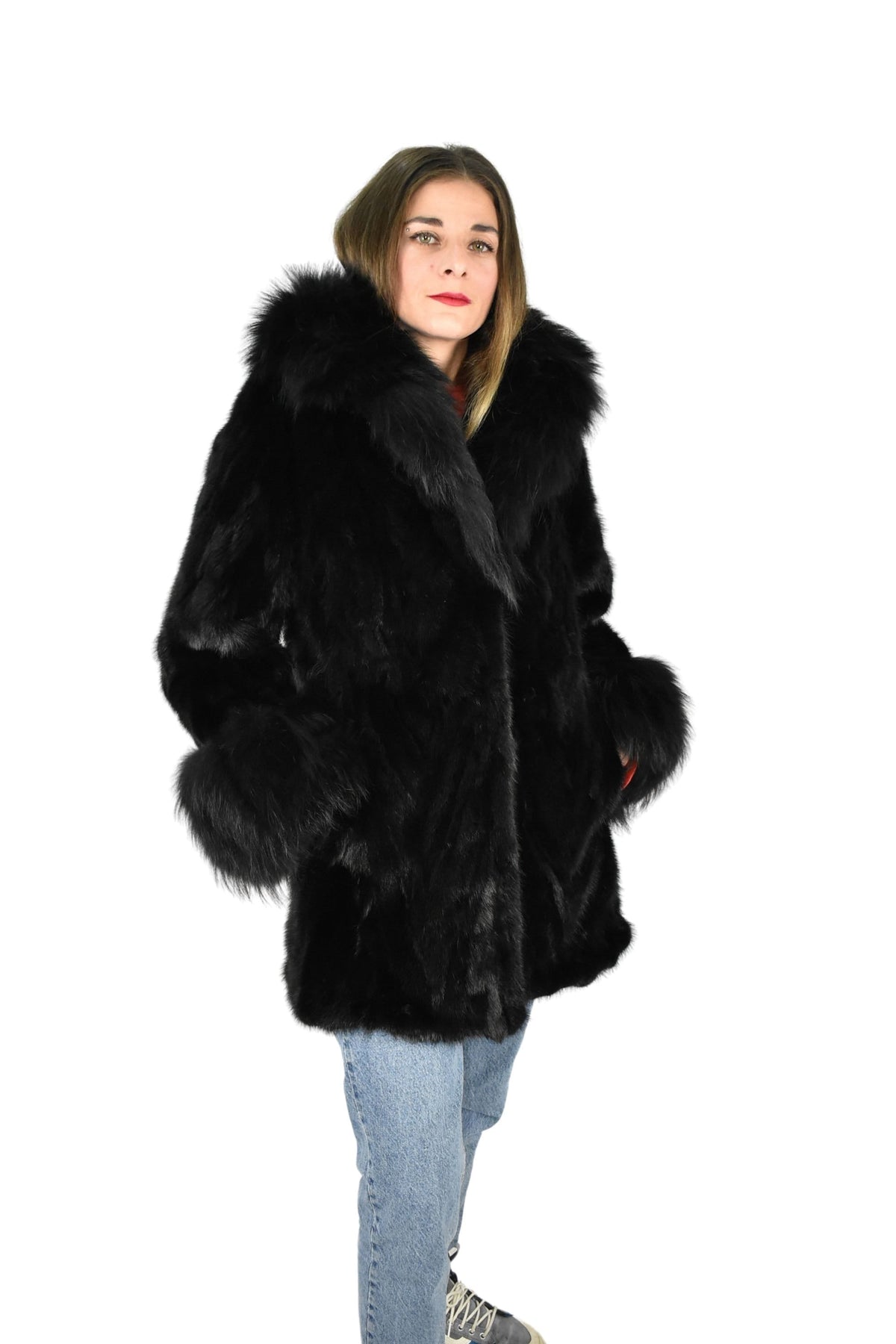 Mink Jacket With Fox Fur Collar  | Black Mink Jacket | Fox Fur Collar | Premium Real Mink Fur Pelt | Luxury Fur Gift For Women