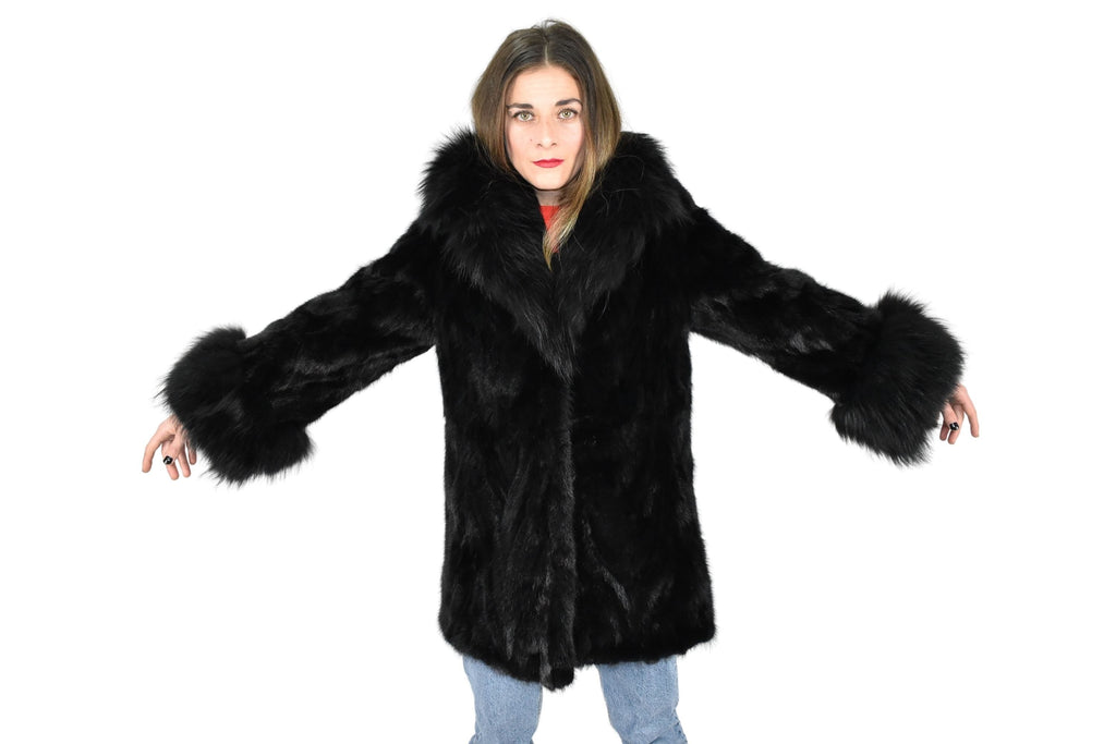 Mink Jacket With Fox Fur Collar  | Black Mink Jacket | Fox Fur Collar | Premium Real Mink Fur Pelt | Luxury Fur Gift For Women