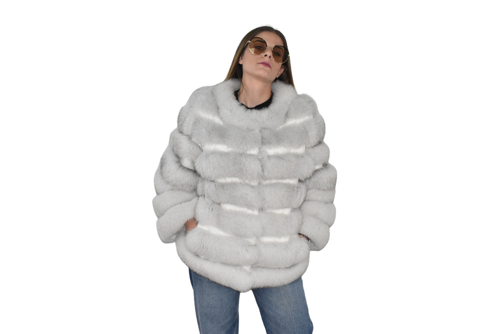 Fox Fur Jacket | White Fox Jacket | Flyffu Fur Jacket / Fur Jacket With Fox And leather Stripes