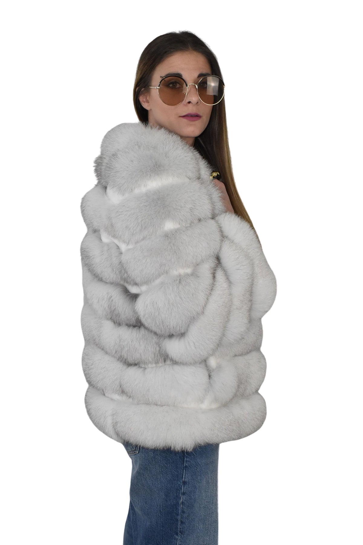 Fox Fur Jacket | White Fox Jacket | Flyffu Fur Jacket / Fur Jacket With Fox And leather Stripes