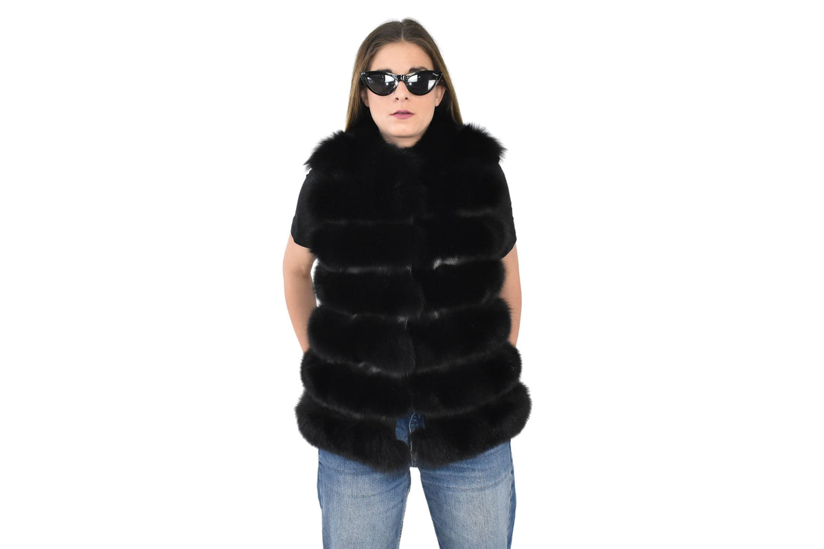 Black Fox Fur Vest  | Fur Vest Gift For Her | Fox Fur Vest with leather Stripes | Women Fur Vest | TOP QUALITY fUR Vest