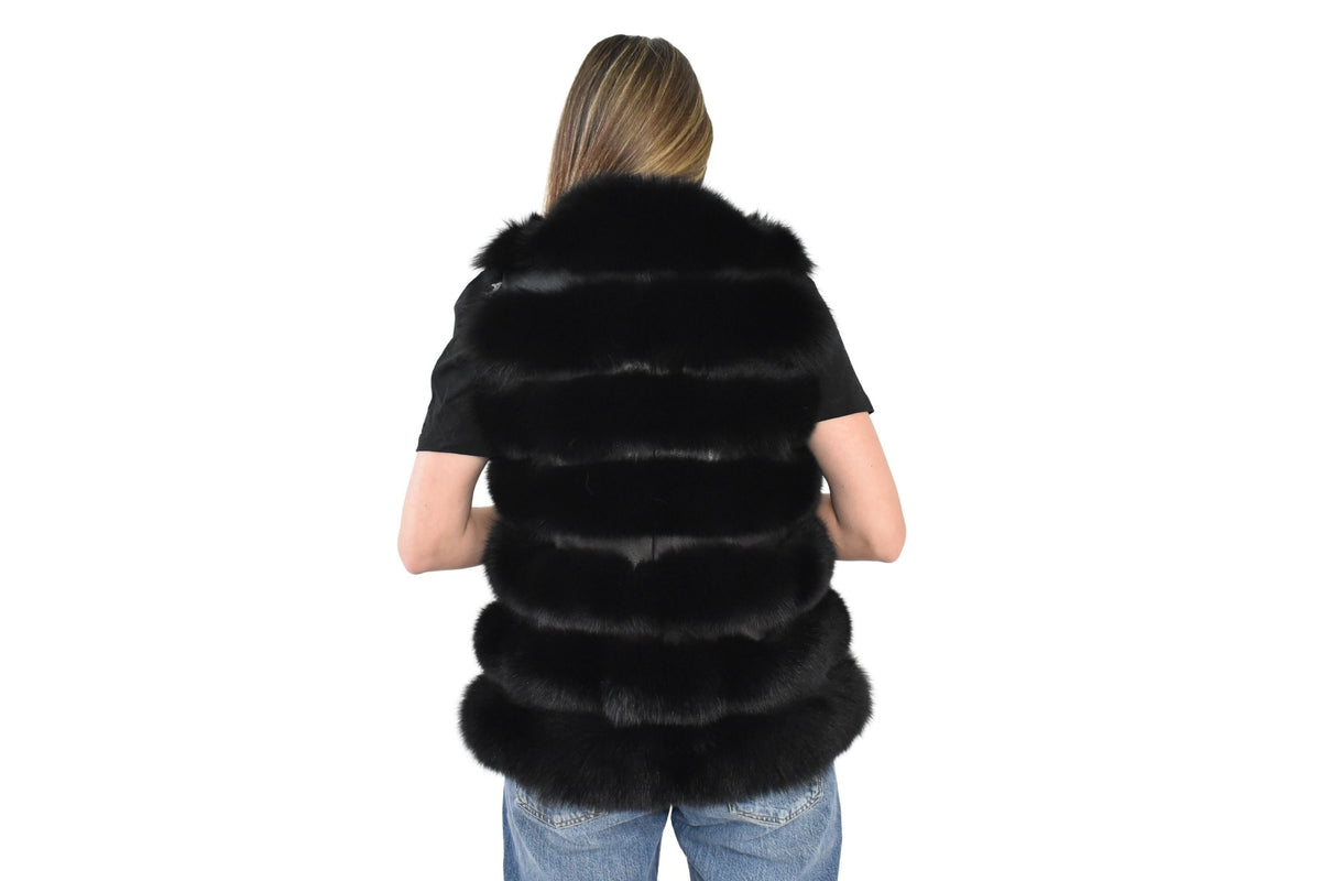 Black Fox Fur Vest  | Fur Vest Gift For Her | Fox Fur Vest with leather Stripes | Women Fur Vest | TOP QUALITY fUR Vest