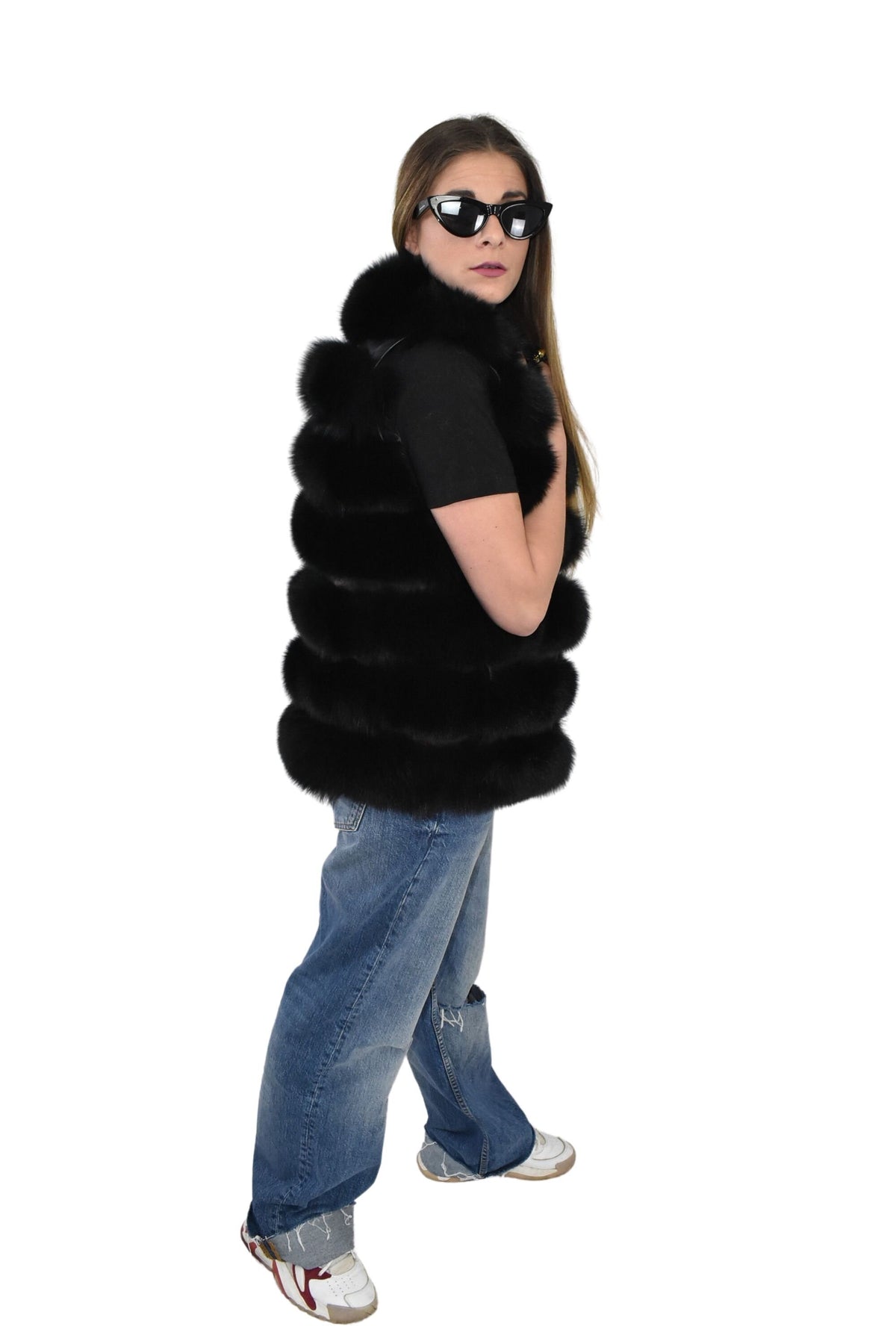 Black Fox Fur Vest  | Fur Vest Gift For Her | Fox Fur Vest with leather Stripes | Women Fur Vest | TOP QUALITY fUR Vest
