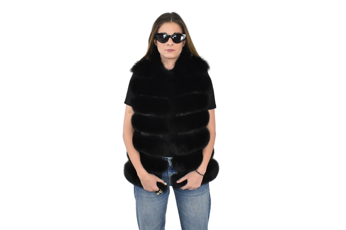 Black Fox Fur Vest  | Fur Vest Gift For Her | Fox Fur Vest with leather Stripes | Women Fur Vest | TOP QUALITY fUR Vest