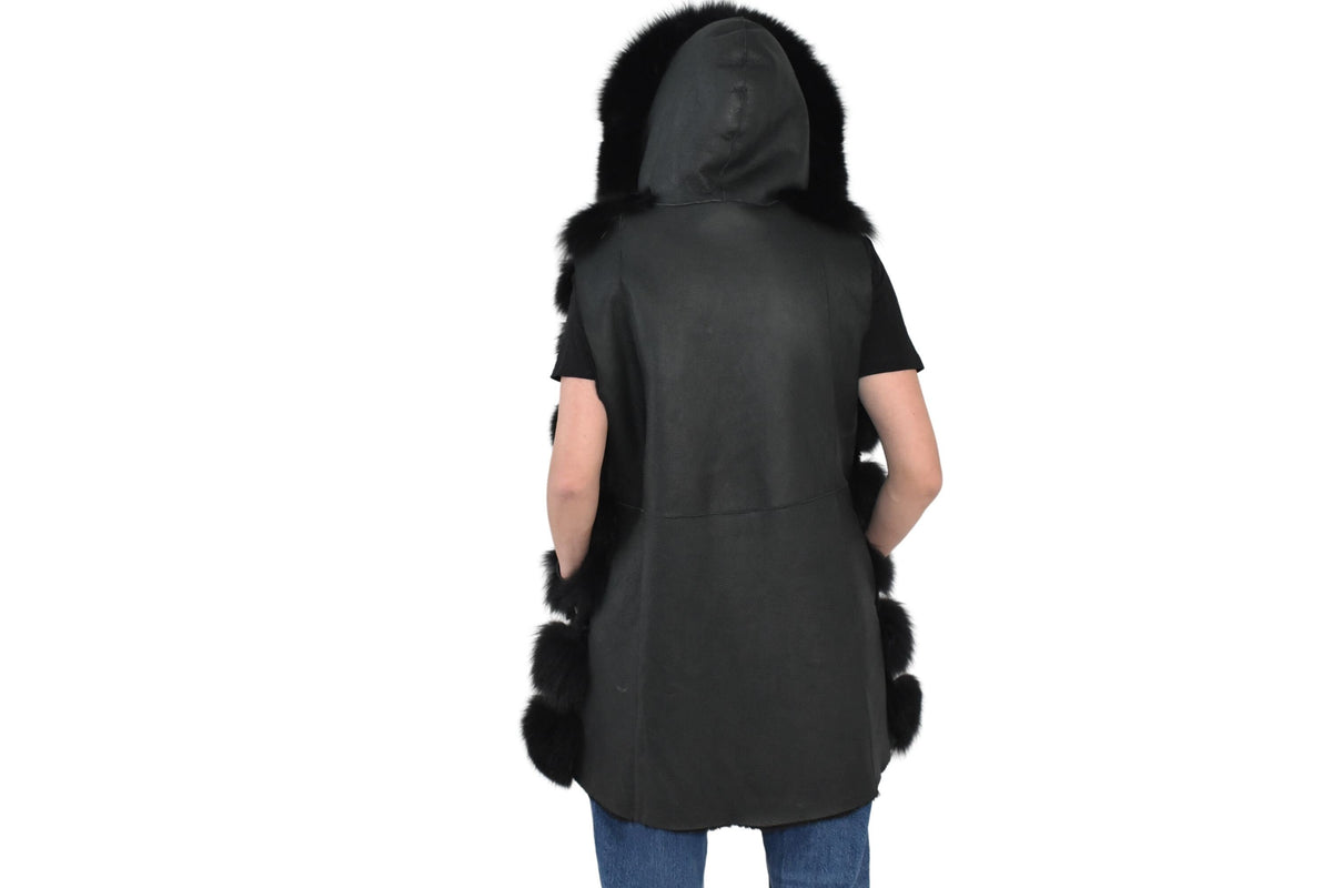 Black Fox Fur Vest  | Fox And Shearling Fur Vest  | Shearling Fux Vest  | Women Fur Vest With Hood | TOP QUALITY fUR Vest