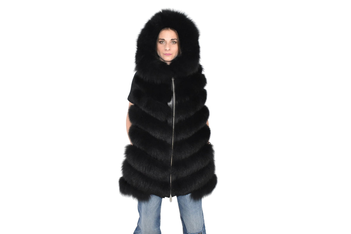 Black Fox Fur Vest  | Fox And Shearling Fur Vest  | Shearling Fux Vest  | Women Fur Vest With Hood | TOP QUALITY fUR Vest