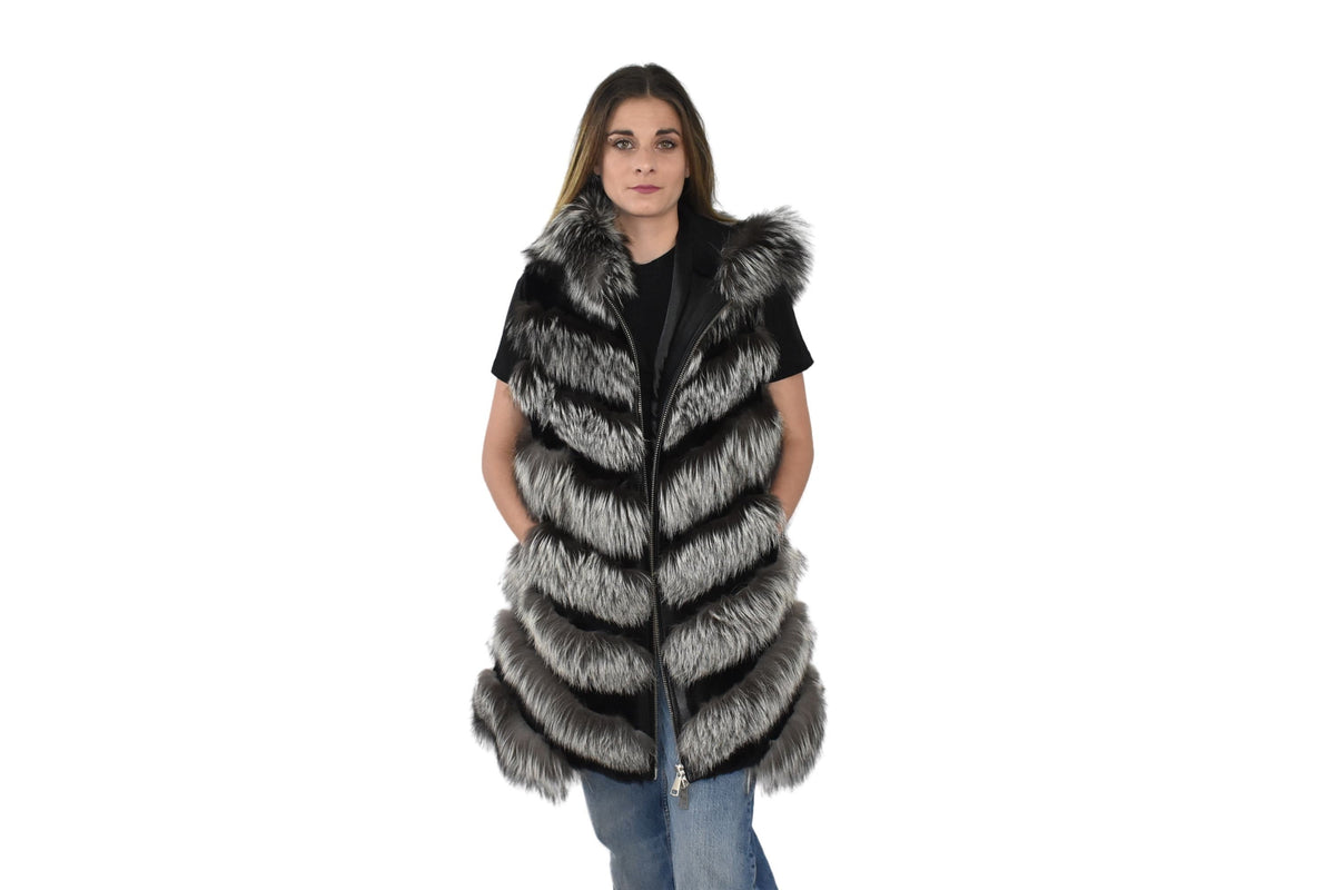 Silver Fox Fur Vest  | Fox And Shearling Fur Vest  | Shearling Fux Vest  | Women Fur Vest With Hood | TOP QUALITY fUR Vest