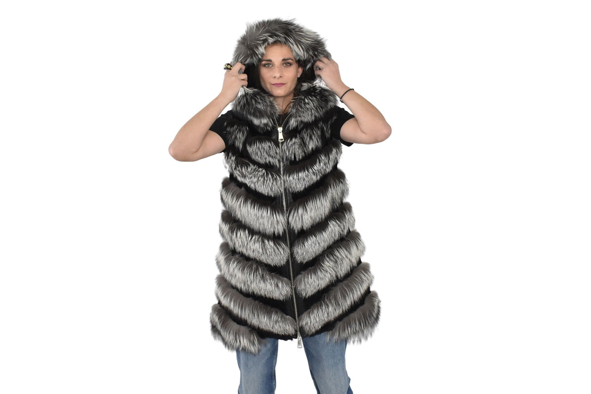 Silver Fox Fur Vest  | Fox And Shearling Fur Vest  | Shearling Fux Vest  | Women Fur Vest With Hood | TOP QUALITY fUR Vest