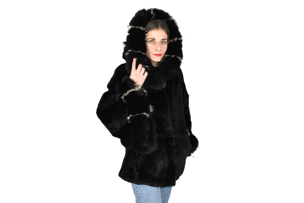 Gorgeous Fur Cape  |  Black Rex rabbit Fur Poncho with fox fur   | Luxury Fur Poncho One size | One size Fox Fur Cape