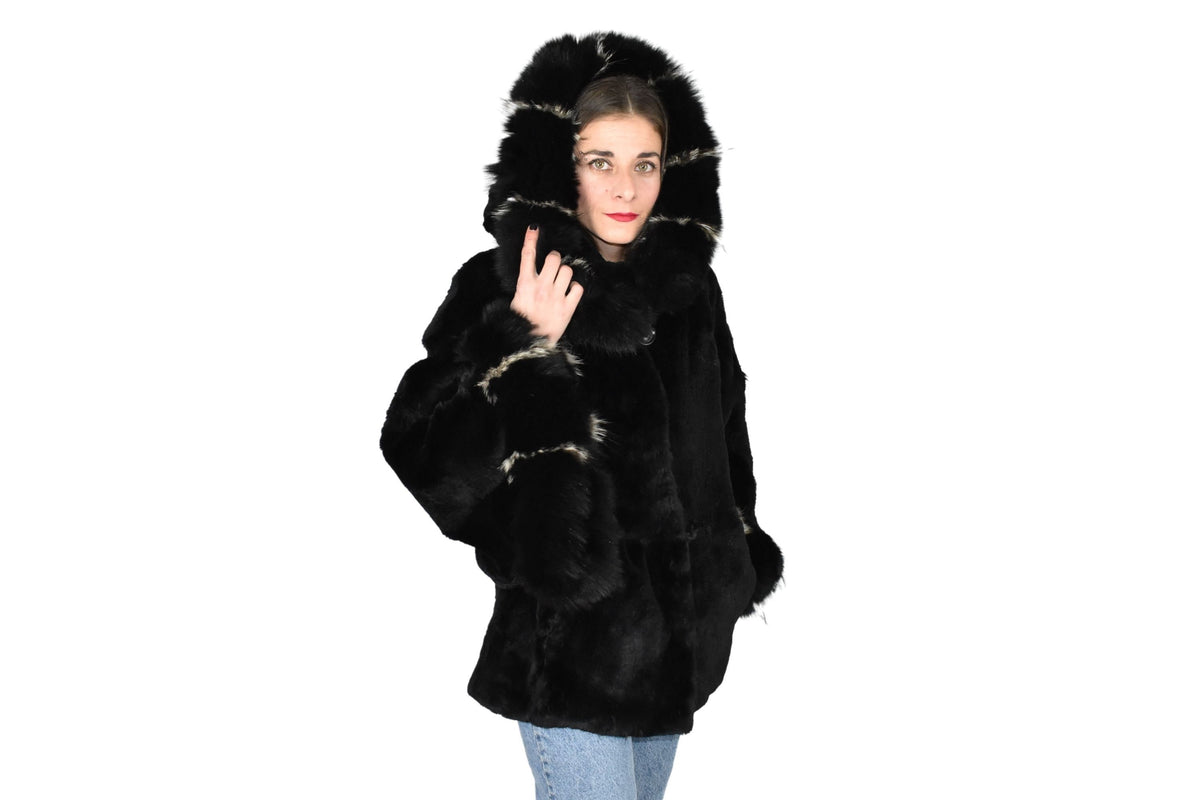 Gorgeous Fur Cape  |  Black Rex rabbit Fur Poncho with fox fur   | Luxury Fur Poncho One size | One size Fox Fur Cape