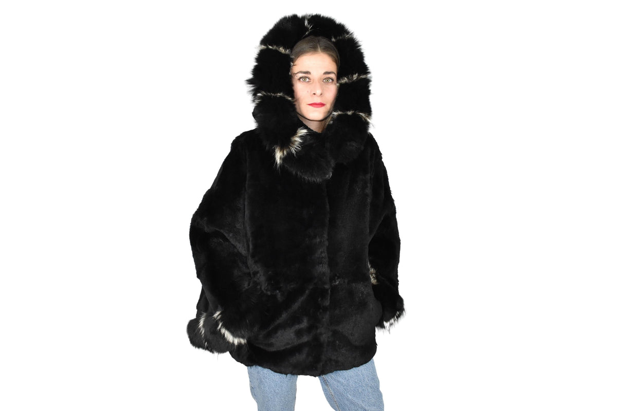 Gorgeous Fur Cape  |  Black Rex rabbit Fur Poncho with fox fur   | Luxury Fur Poncho One size | One size Fox Fur Cape
