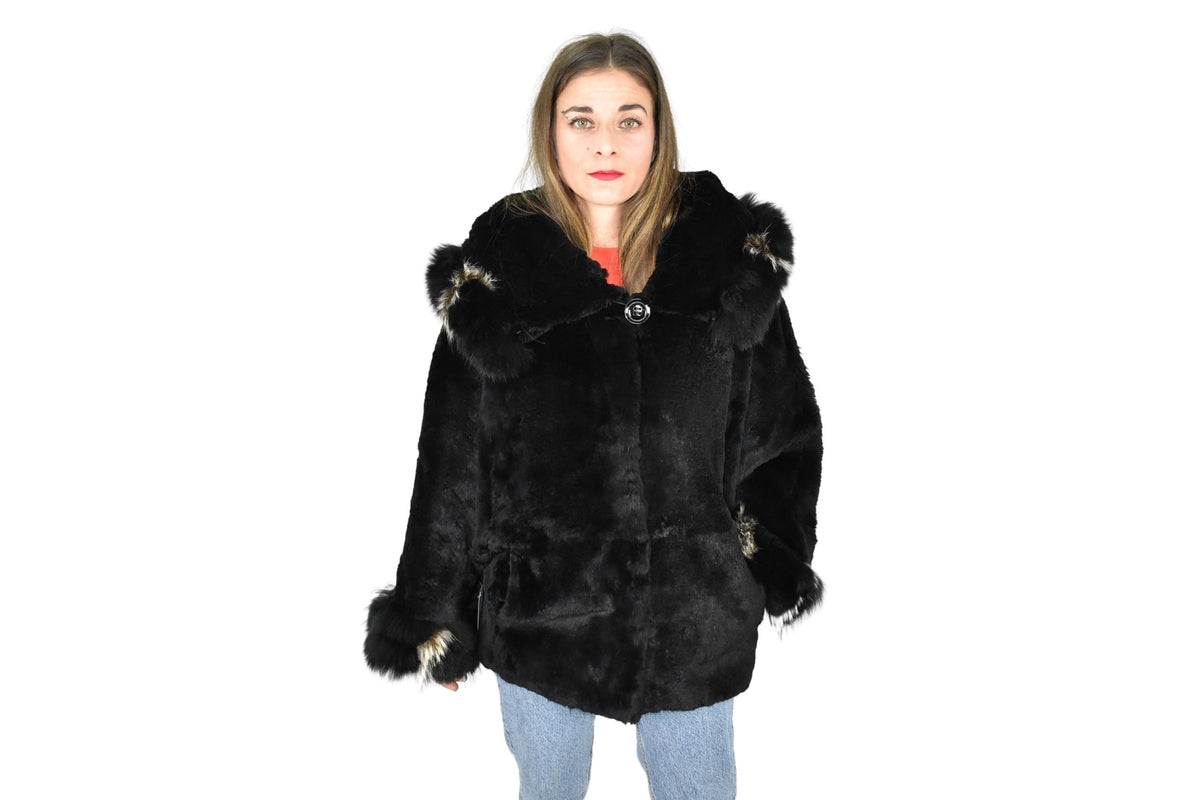 Gorgeous Fur Cape  |  Black Rex rabbit Fur Poncho with fox fur   | Luxury Fur Poncho One size | One size Fox Fur Cape