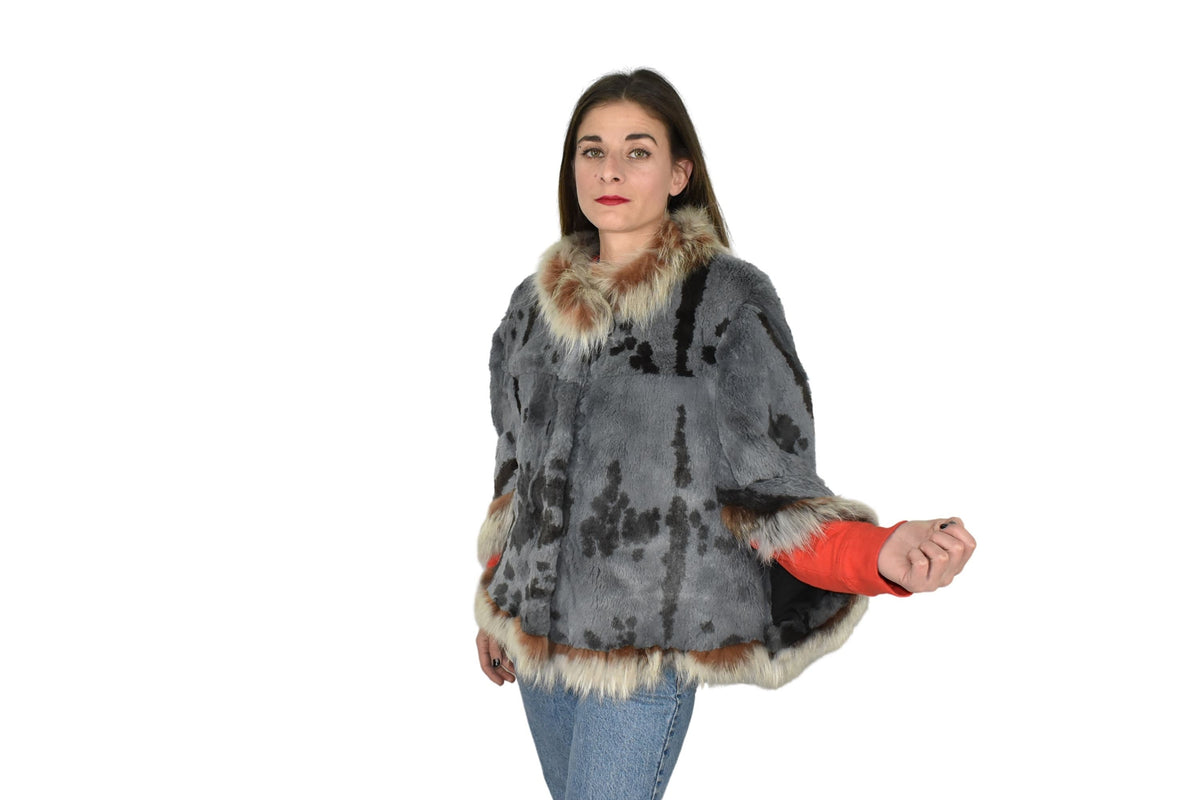 Fur Poncho \ Rex rabbit Short Cape | One size Blue Fur Poncho | Rex Fur Poncho With Fox Fur