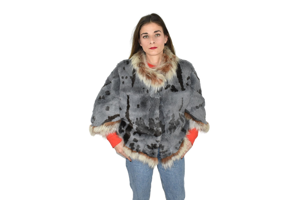 Fur Poncho \ Rex rabbit Short Cape | One size Blue Fur Poncho | Rex Fur Poncho With Fox Fur