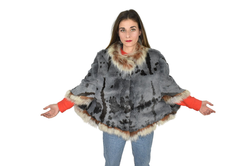 Fur Poncho \ Rex rabbit Short Cape | One size Blue Fur Poncho | Rex Fur Poncho With Fox Fur