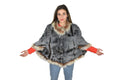 Fur Poncho \ Rex rabbit Short Cape | One size Blue Fur Poncho | Rex Fur Poncho With Fox Fur