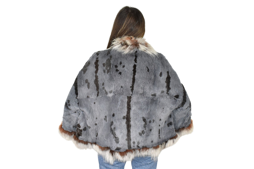 Fur Poncho \ Rex rabbit Short Cape | One size Blue Fur Poncho | Rex Fur Poncho With Fox Fur
