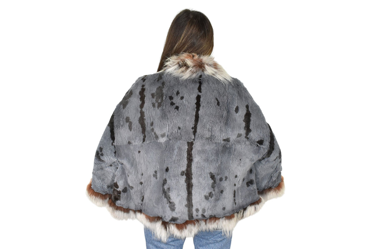 Fur Poncho \ Rex rabbit Short Cape | One size Blue Fur Poncho | Rex Fur Poncho With Fox Fur