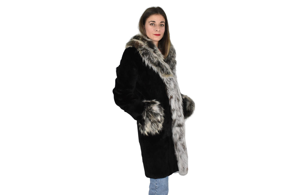 Rex rabbit Fur with Fox Fur Coat | Black Fur Coat | Women Fur Coat | Luxury Gift For Her