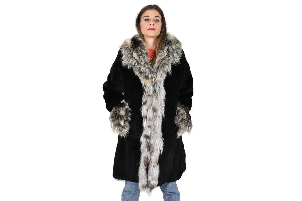 Rex rabbit Fur with Fox Fur Coat | Black Fur Coat | Women Fur Coat | Luxury Gift For Her