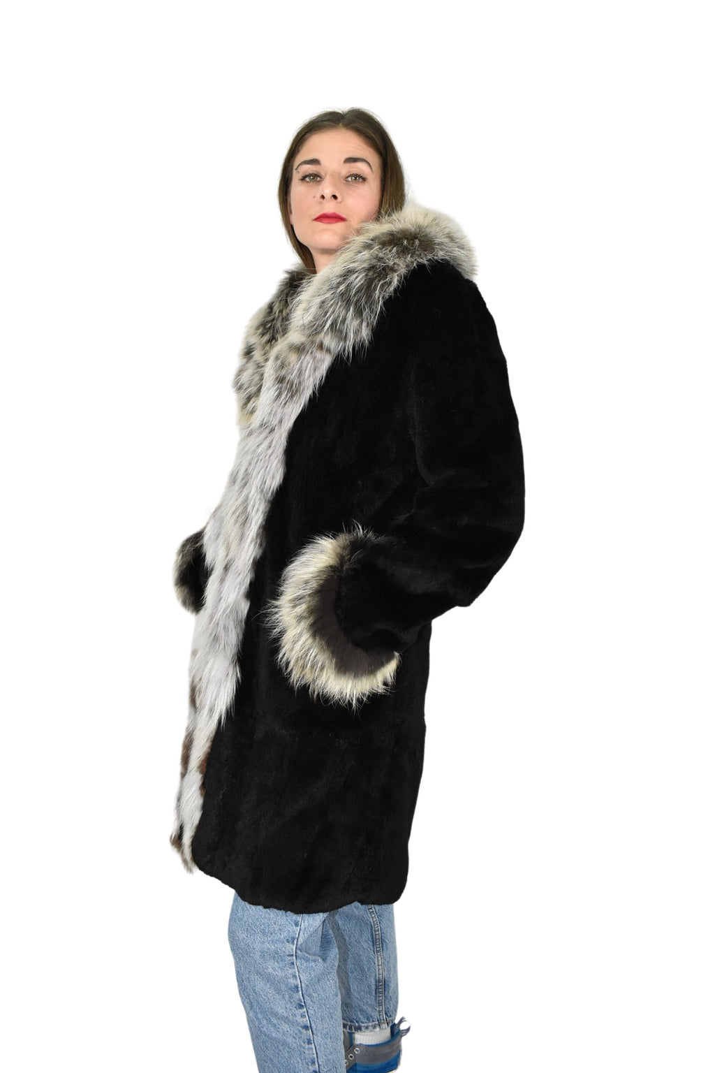 Rex rabbit Fur with Fox Fur Coat | Black Fur Coat | Women Fur Coat | Luxury Gift For Her