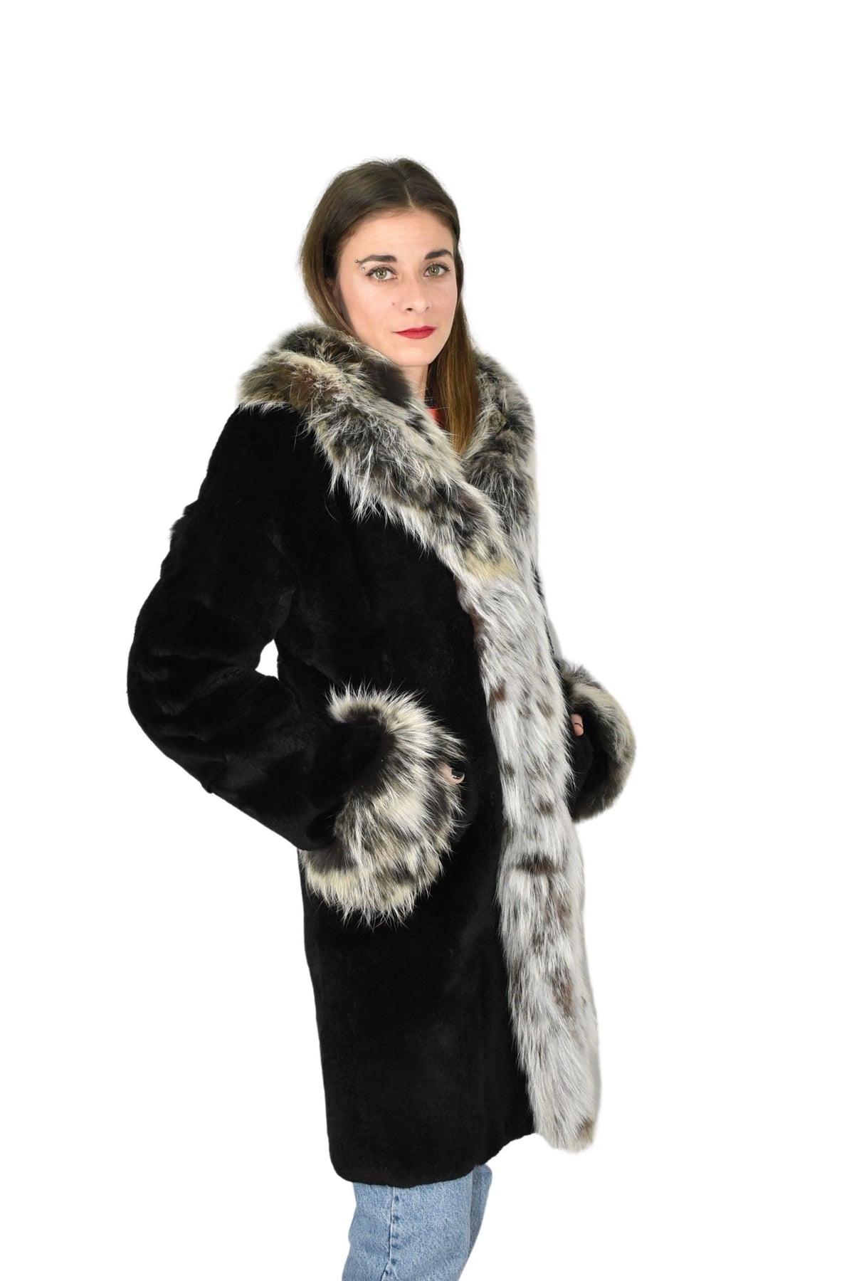 Rex rabbit Fur with Fox Fur Coat | Black Fur Coat | Women Fur Coat | Luxury Gift For Her