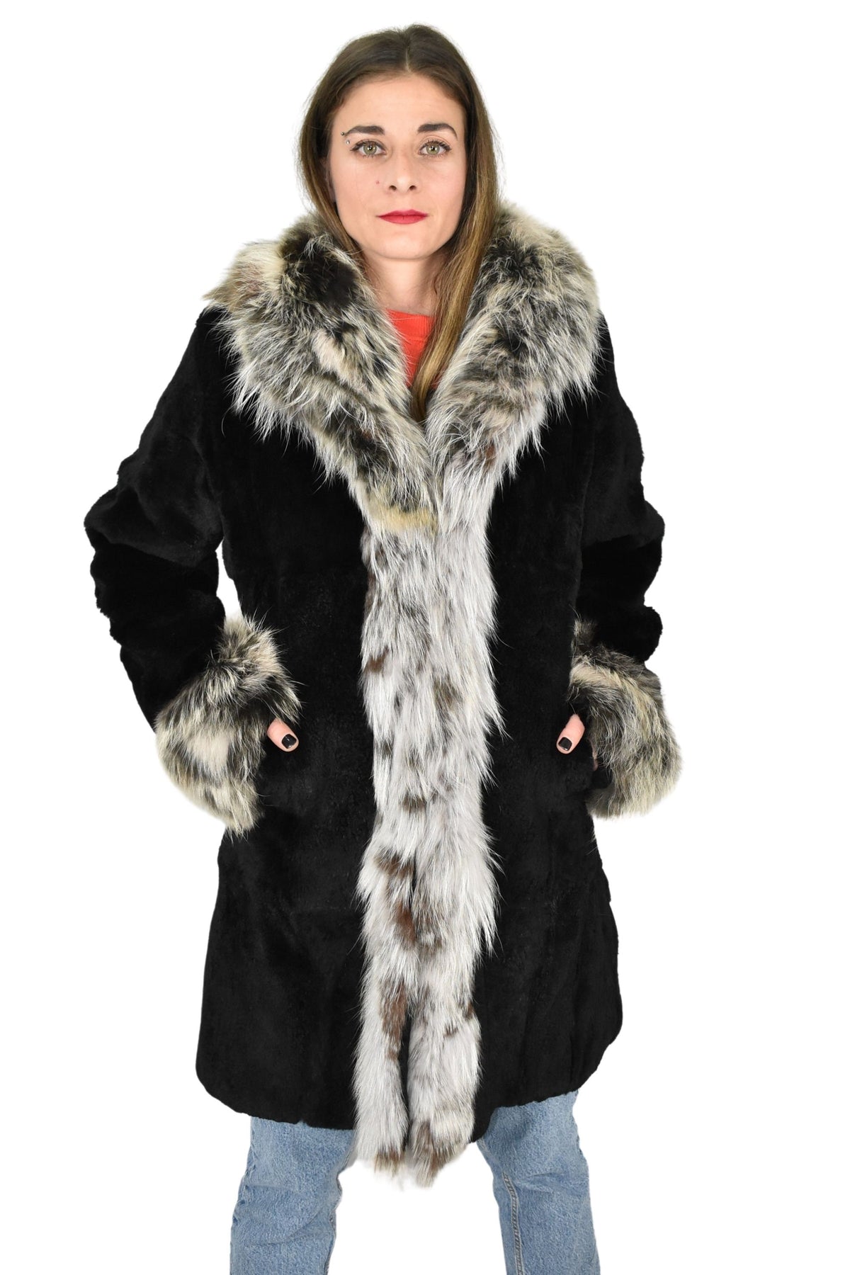 Rex rabbit Fur with Fox Fur Coat | Black Fur Coat | Women Fur Coat | Luxury Gift For Her