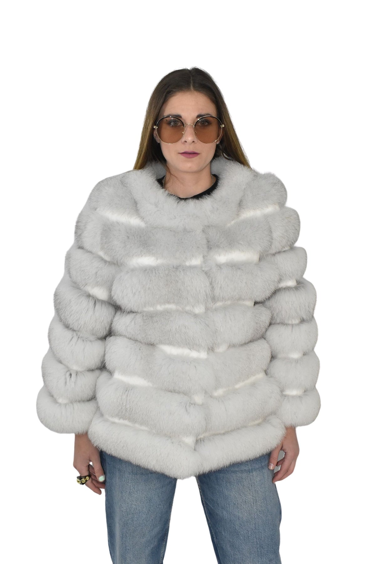 Fox Fur Jacket | White Fox Jacket | Flyffu Fur Jacket / Fur Jacket With Fox And leather Stripes