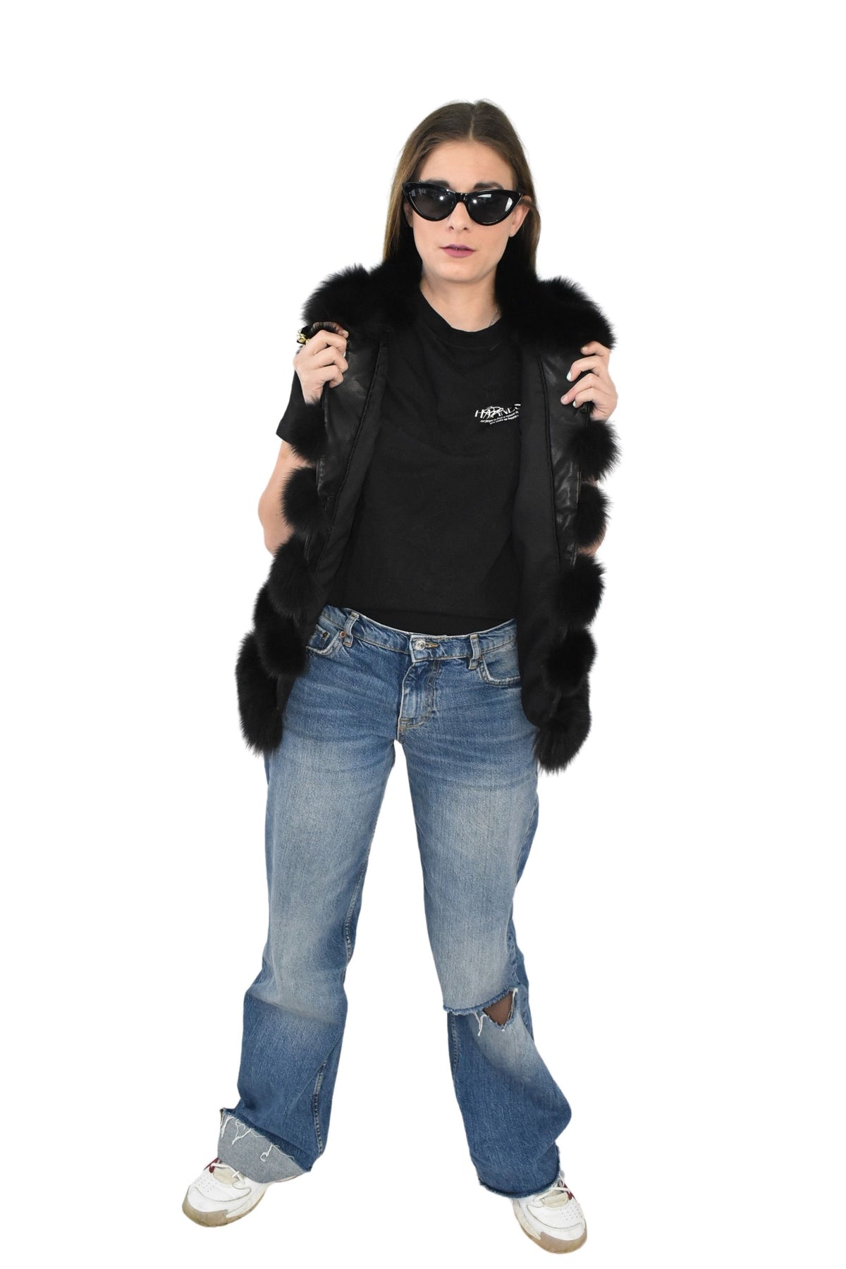 Black Fox Fur Vest  | Fur Vest Gift For Her | Fox Fur Vest with leather Stripes | Women Fur Vest | TOP QUALITY fUR Vest