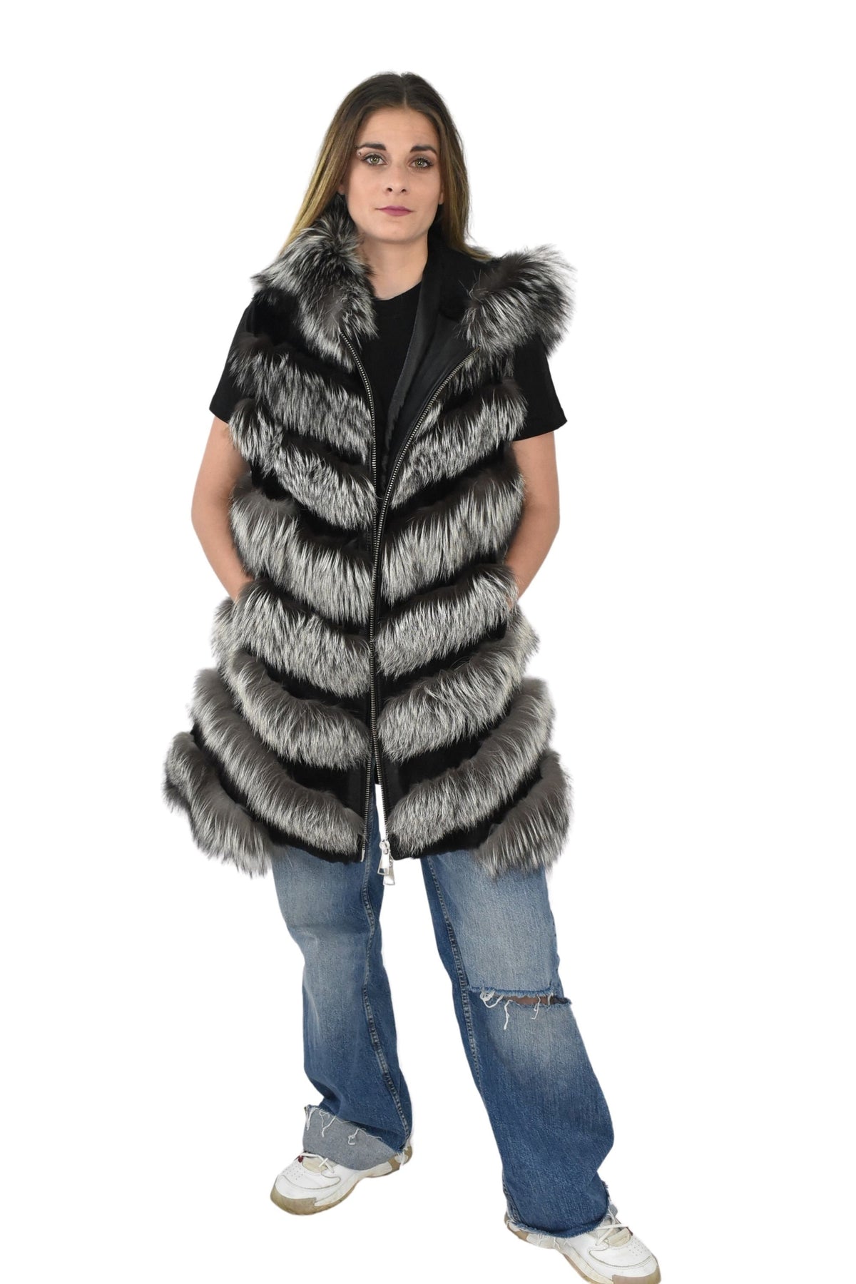Silver Fox Fur Vest  | Fox And Shearling Fur Vest  | Shearling Fux Vest  | Women Fur Vest With Hood | TOP QUALITY fUR Vest