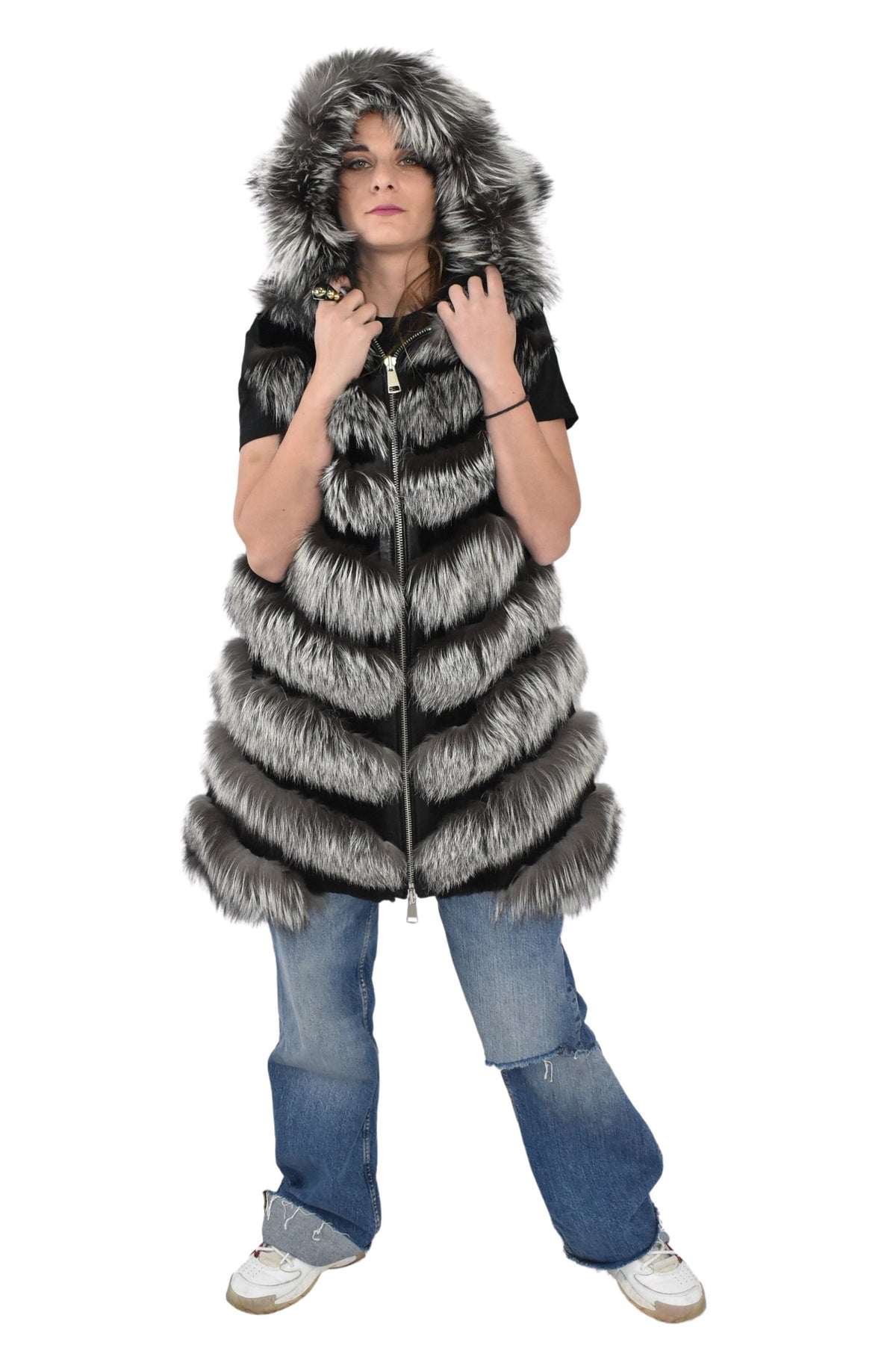 Silver Fox Fur Vest  | Fox And Shearling Fur Vest  | Shearling Fux Vest  | Women Fur Vest With Hood | TOP QUALITY fUR Vest