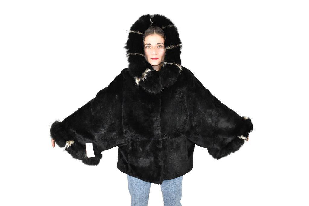Gorgeous Fur Cape  |  Black Rex rabbit Fur Poncho with fox fur   | Luxury Fur Poncho One size | One size Fox Fur Cape