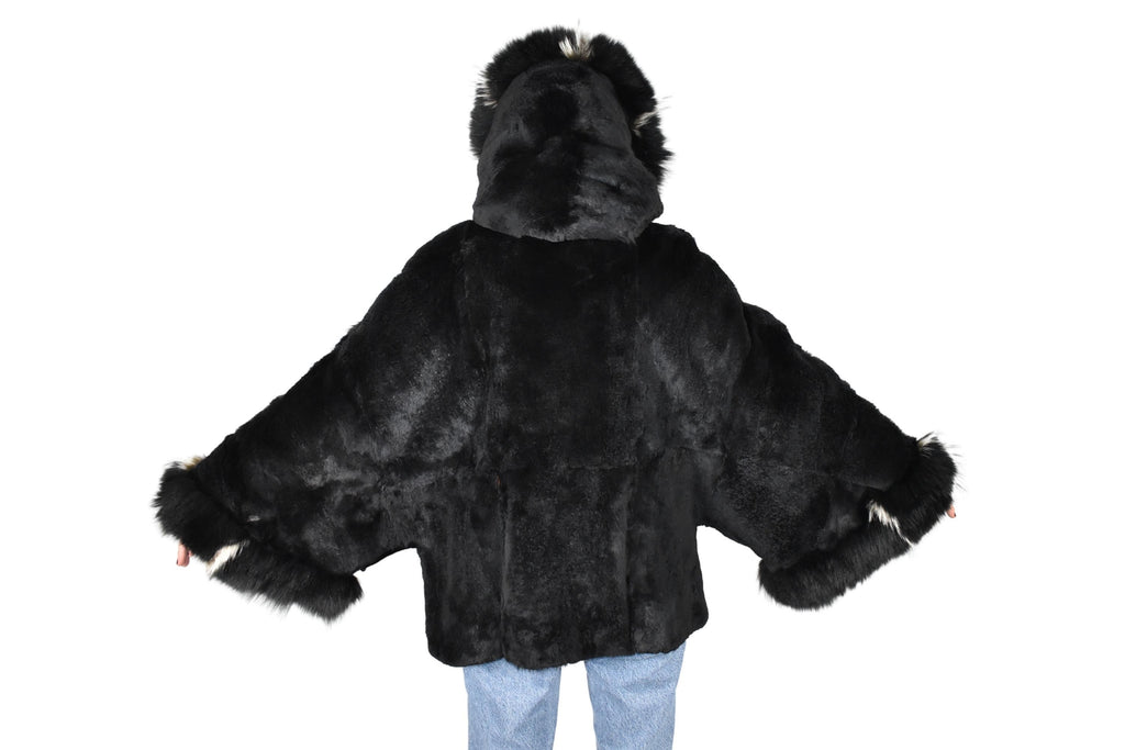 Gorgeous Fur Cape  |  Black Rex rabbit Fur Poncho with fox fur   | Luxury Fur Poncho One size | One size Fox Fur Cape