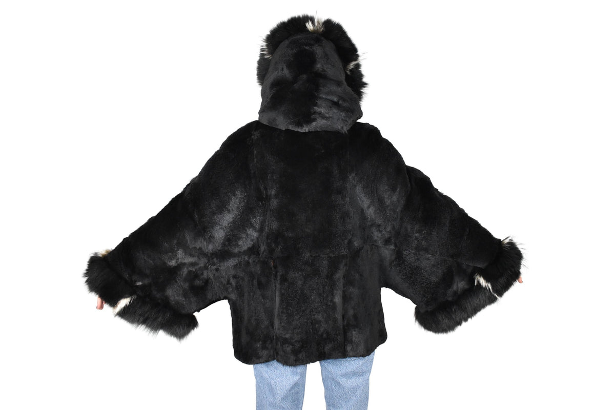 Gorgeous Fur Cape  |  Black Rex rabbit Fur Poncho with fox fur   | Luxury Fur Poncho One size | One size Fox Fur Cape