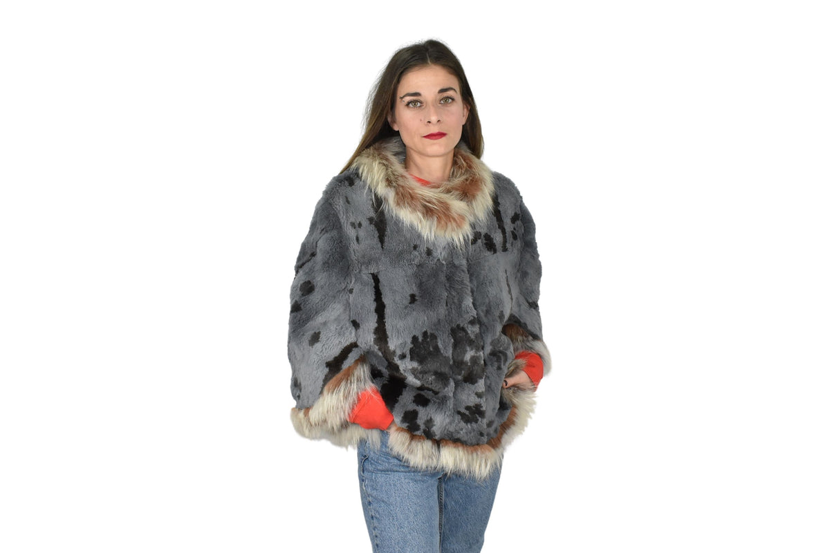 Fur Poncho \ Rex rabbit Short Cape | One size Blue Fur Poncho | Rex Fur Poncho With Fox Fur