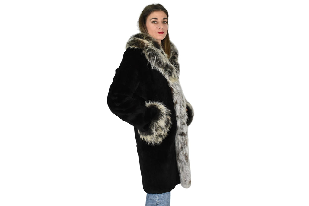 Rex rabbit Fur with Fox Fur Coat | Black Fur Coat | Women Fur Coat | Luxury Gift For Her